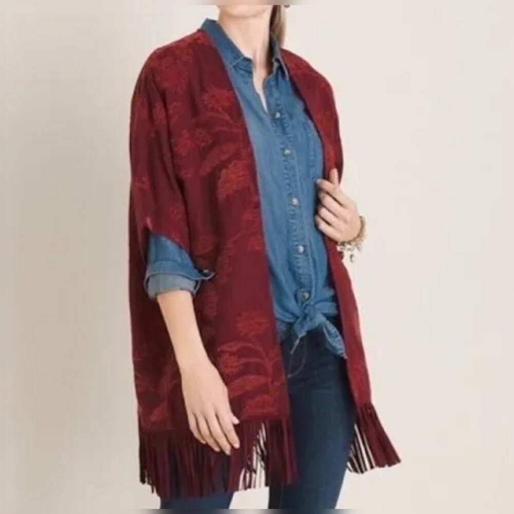 NWT Chico's $119 L/XL Chenille Floral Jacquard Ruana wrap red color fringe trim